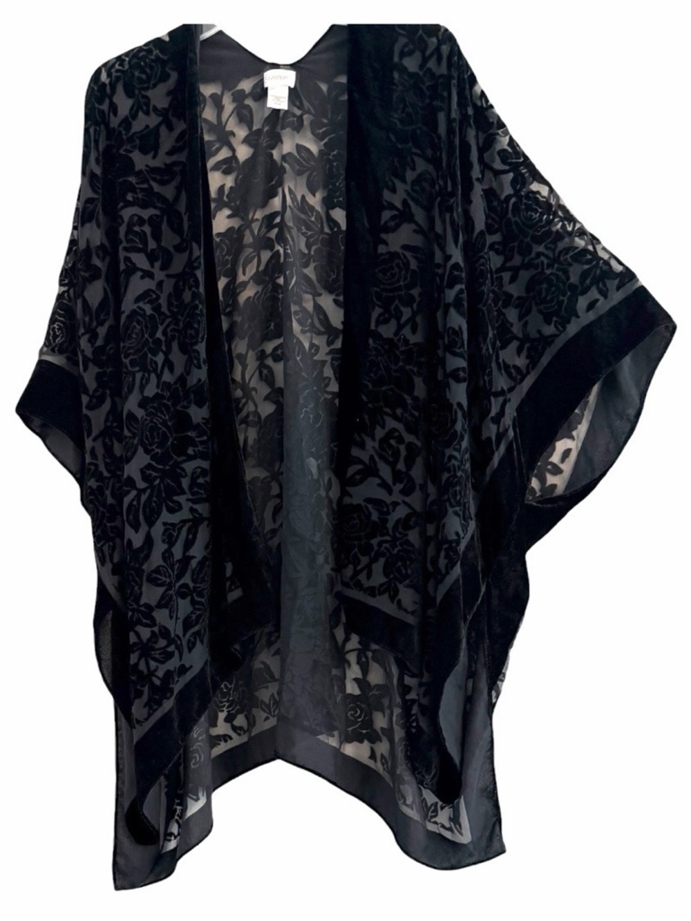 Avenue  Black Burnout Velvet Floral Kimono Wrap Sheer Cardigan Size O/S